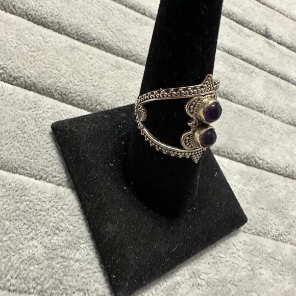 New Sterling Silver Boho Double Purple Amethyst Ring Size 9 Gemstone Crystal - Picture 5 of 11